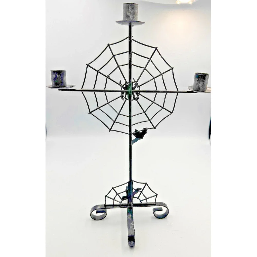 Halloween Candle Holder Candleobra Bats Spiderweb 17 tall x 12 wide 6‎ base